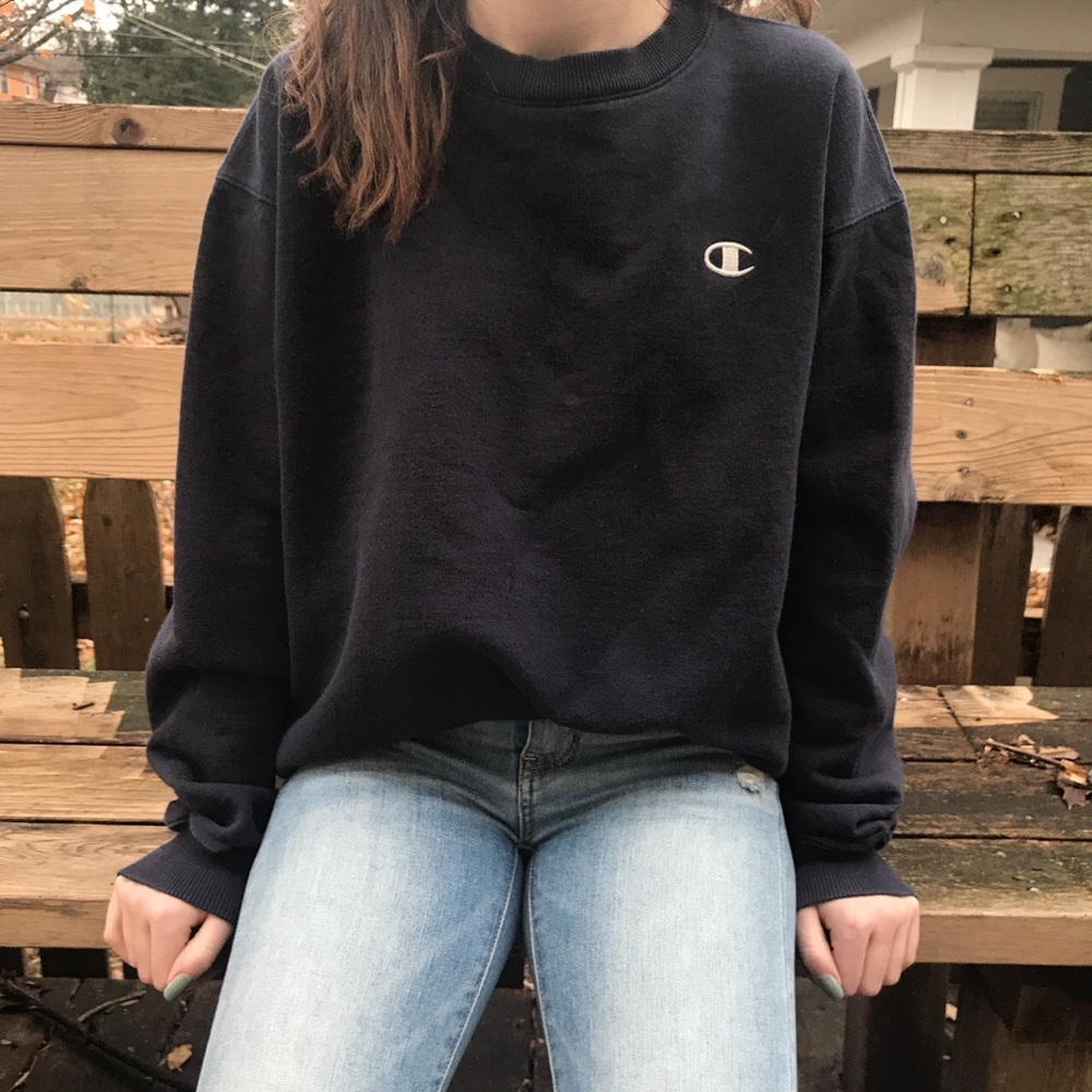 Navy and white champion crew neck sweatshirt